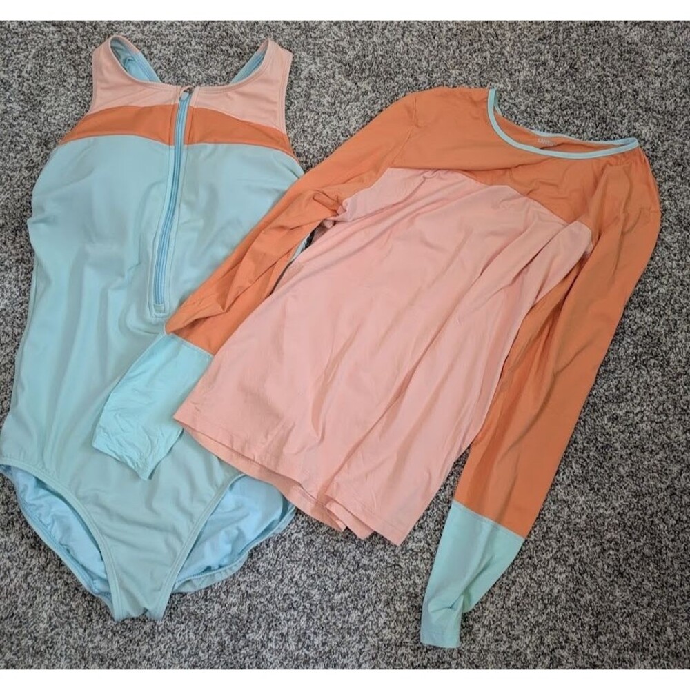 Lands End Zip One Piece Women's 14 Including Long Sleeve Rash Guard Orange Blue
